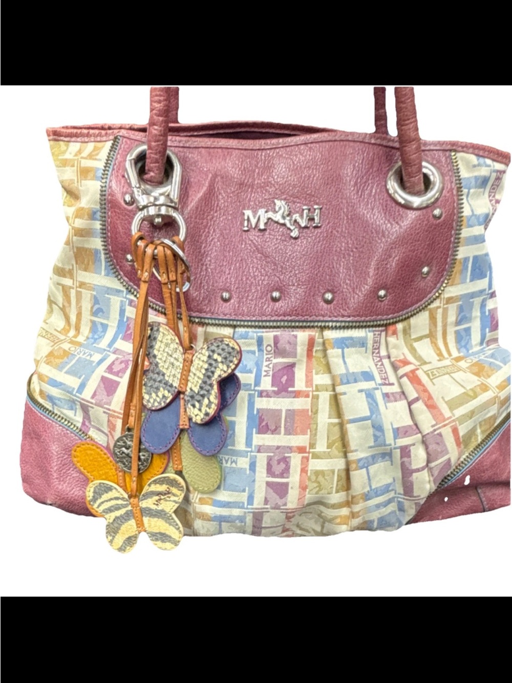 Mario Hernandez Women’s Purple Multicolor Logo Zip Shoulder Bag, Butterfly Charm - Picture 2 of 10